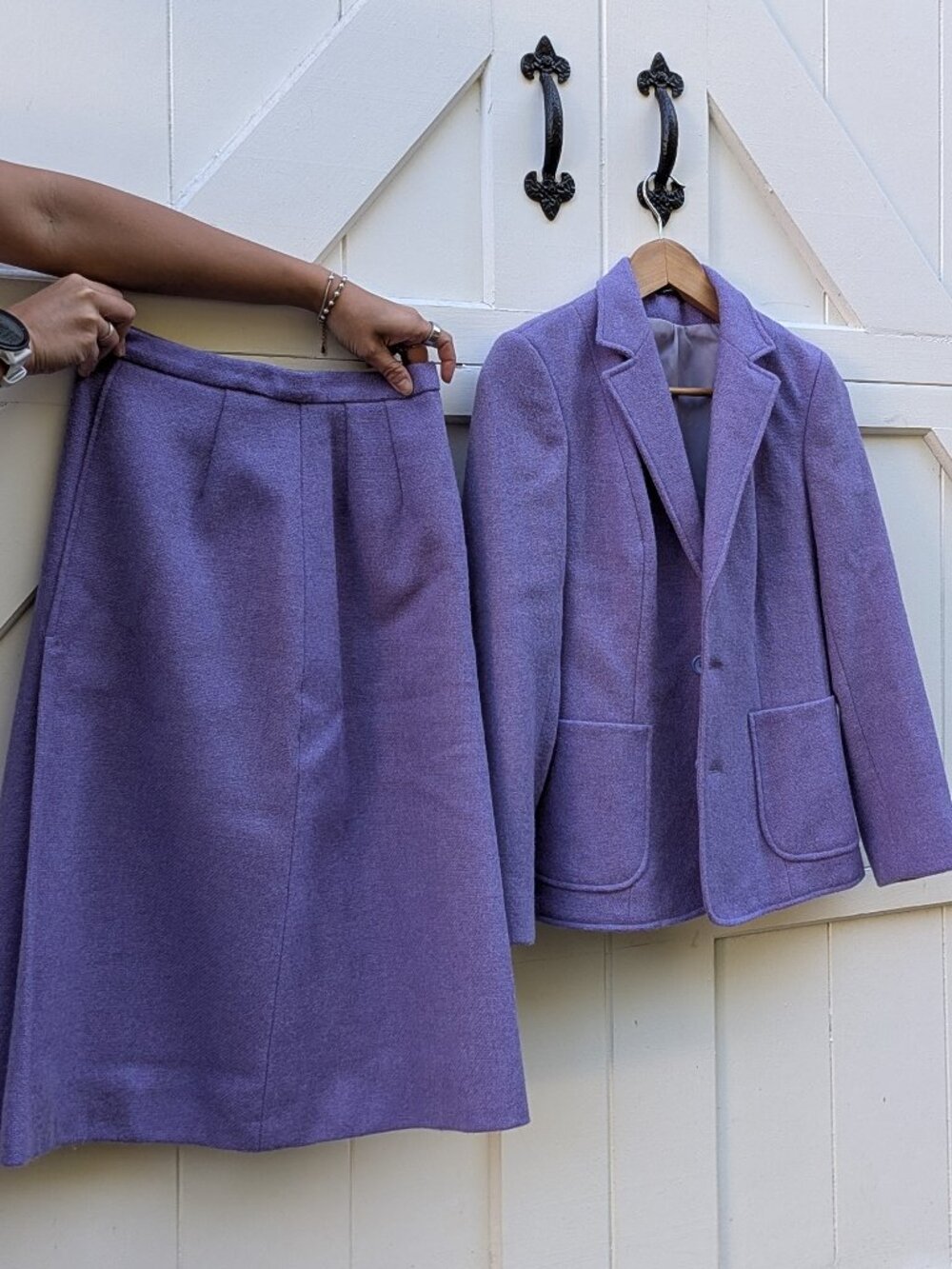 Vintage Pitlochry Knitwear Scottish 100% Pure Wool Skirt Suit Set Lavender 12
